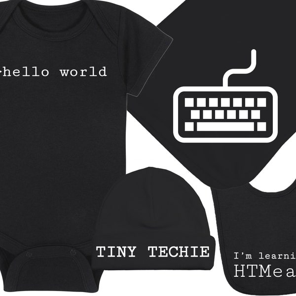 Coding Baby Onesie® / Hat / Blanket / Bib Package Combinations - Hello World / Tiny Techie / Keyboard / I'm Learning HTMeaL