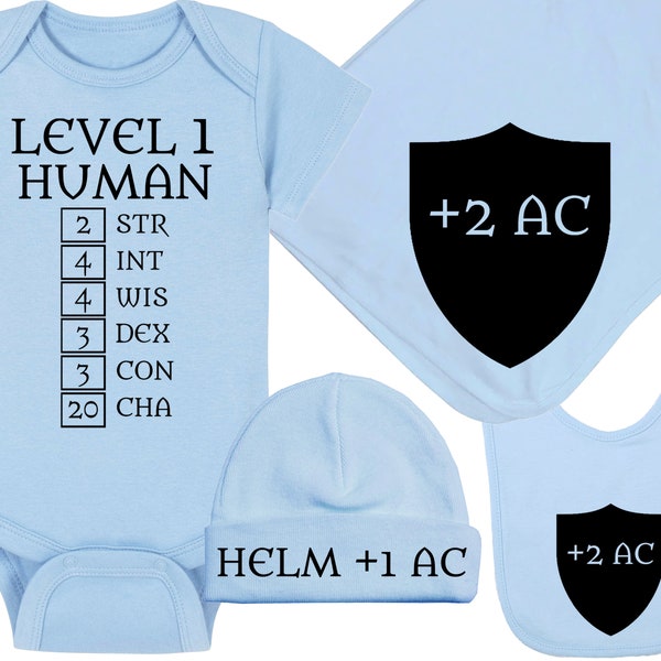 Gaming Baby Onesie® / Hat / Blanket / Bib Package Combinations - Level 1 Human With Ability Scores High Charisma / Helm +1 AC / Shield +2 AC