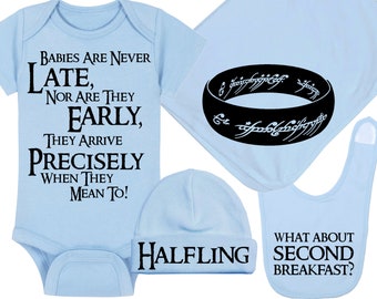 Babies Are Never Late - Baby Onesie® / Halfling Hat / Second Breakfast Bib / Ring Blanket