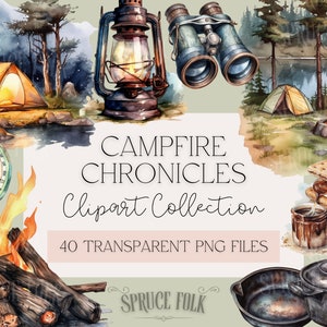 Clipart aquarelle sur le thème du camping | Collection de 40 | Collection Chroniques de feu de camp