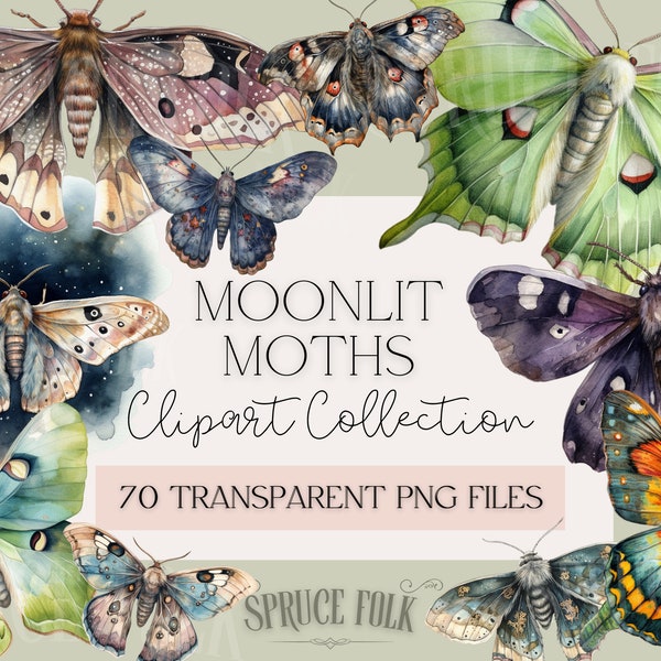 Watercolor Moth Themed Clipart | Collection of 70 | Moonlit Moths Collection