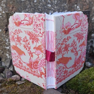 Handbound A6 Coptic Stitch Notebook, Pink Oriental Fabric Cover
