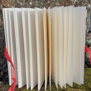 Puede incluir: Un diario hecho a mano, abierto, con p&aacute;ginas color crema. Una cinta roja est&aacute; atada alrededor del lomo. Las p&aacute;ginas est&aacute;n desplegadas, revelando la textura del papel. El diario est&aacute; sobre un fondo natural.