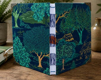 Cuaderno A5 con puntada copta, diario de tela con motivos forestales, cuaderno de bocetos de apertura plana.