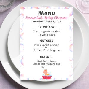 Niedliches & Lustiges digitales Babyparty-Menü für Mädchen | Bearbeitbare rosa Menüvorlage | Passende Babypartyeinladung | Sofort Download