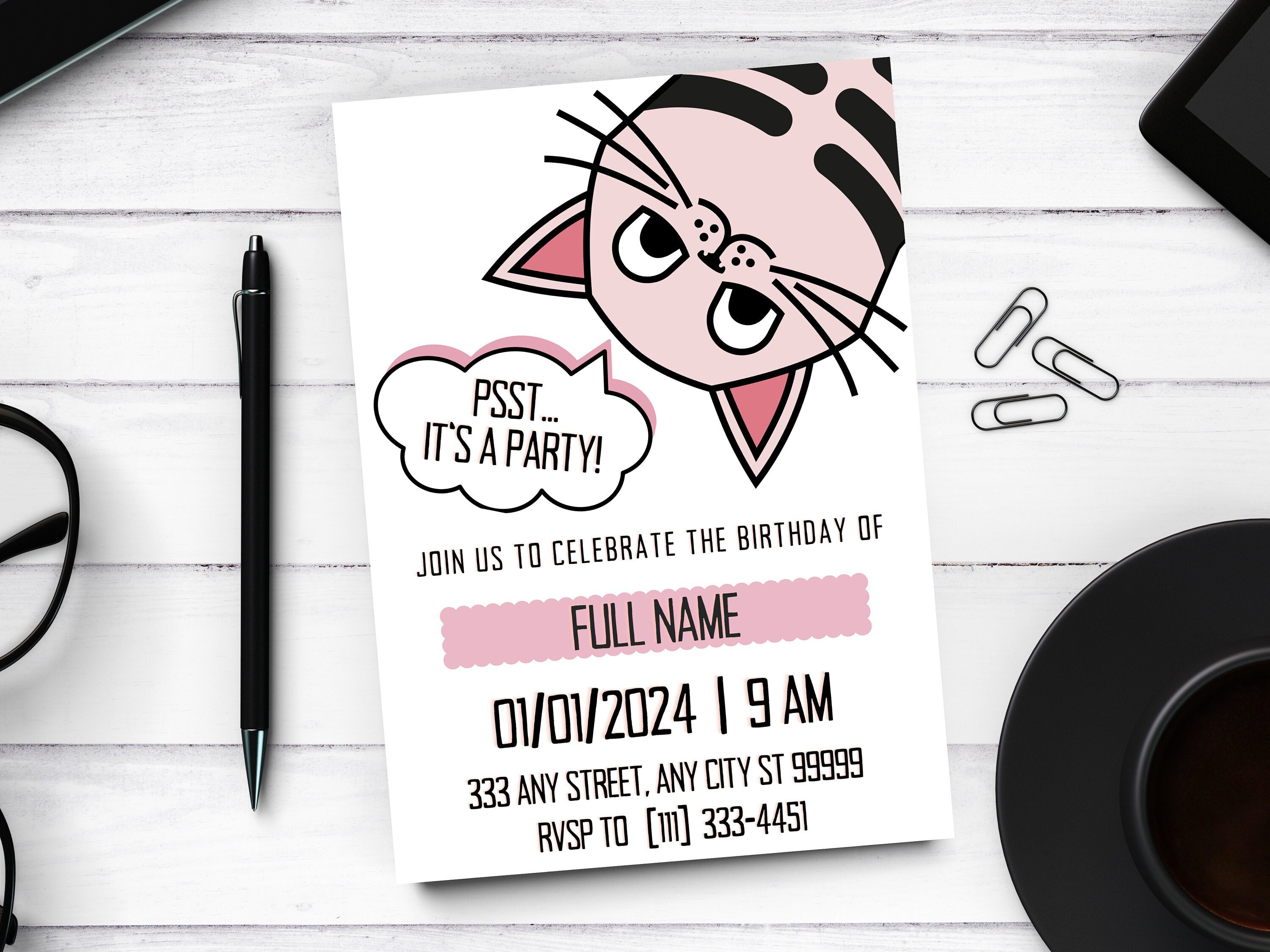 Funny Cat Birthday Invitation, Printable Birthday Flyer, Editable ...