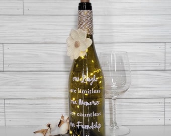 Personalized Friends Lighted Wine Bottle: "Laughs are limitless, Memories are countless, Friendship is endless" (Gift Wrap Available)