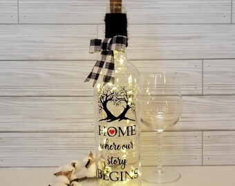Personalized Lighted Wine Bottle Decor: "Home Where Our Story Begins"
