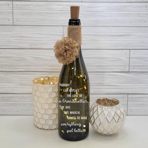 Grandmother Lighted Wine Bottle PERSONALIZE, Love Of A Grandmother, Mothers Day, Birthday, New Grandma, Wine Lover, Fairy String Lights