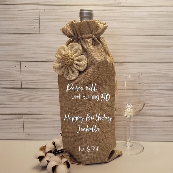 Birthday Burlap Wine Bottle Gift Bag; PERSONALIZED To Any Year; Pairs Well With Turning; Classy Wine Lovers Gift Bag; Milestone Birthday