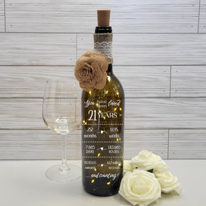Birthday Lighted Wine Bottle PERSONALIZED; Loved 21 Years; Milestone Birthday; Wine Lovers; Home & Bar Accent Decor; Fairy String Lights