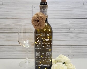 Birthday Lighted Wine Bottle PERSONALIZED; Loved 21 Years; Milestone Birthday; Wine Lovers; Home & Bar Accent Decor; Fairy String Lights