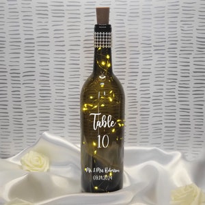 Table Number Lighted Wine Bottle, For Weddings, Bridal Showers, Birthday Celebrations, Graduations, Anniversary Parties, Fairy String Lights