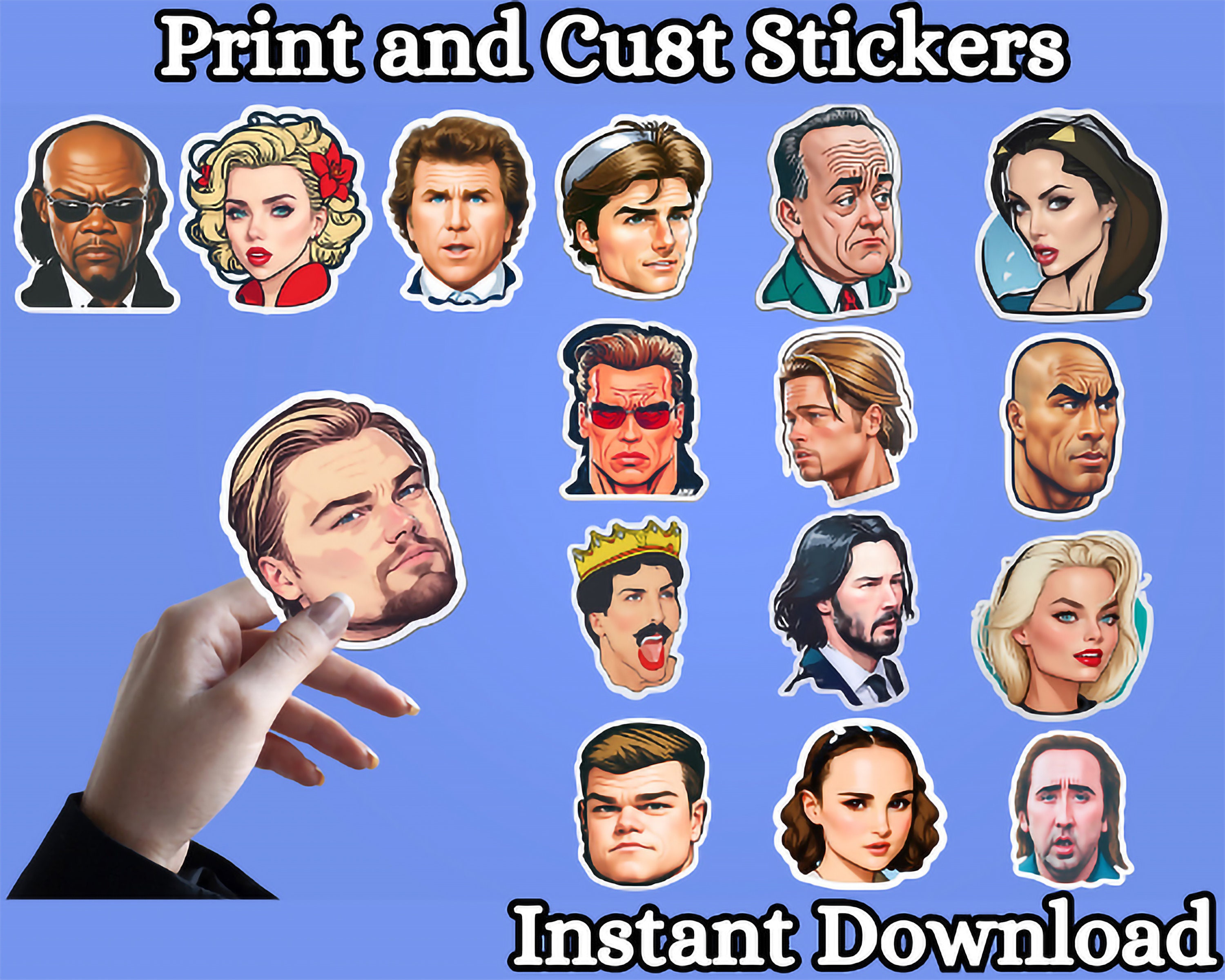 Cartoon Celebrity Faces Print and Cut Stickers, 16 High Quality 