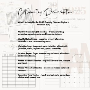 Op de afbeelding: Een digitale 2025 Co-ouderschapsdocumentatieplanner met een neutraal kleurenschema. De planner bevat maandkalenders, wekelijkse notitiepagina's, bezoeklogboeken, incidentrapportpagina's en trackers voor gemiste bezoeken, telefoongesprekken en ouderschapstijd. De tekst "Child Custody Planner" is zichtbaar.