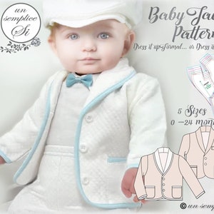 May include: A white baby jacket pattern with blue trim. The pattern includes five sizes for babies from 0 to 24 months. The text "Baby Jacket Pattern" is written in large, bold letters at the top of the image. The text "Dress it up formal... or Dress it down Casual!" is written below the title. The text "5 Sizes 0-24 months" is written below the pattern pieces.