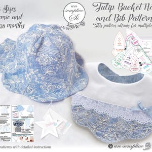 May include: A blue and white embroidered tulip bucket hat and bib pattern. The pattern includes sizes for preemie to 36 months. The bib features a white top with blue lace and a small bow.