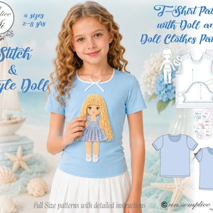 May include: A light blue short-sleeved t-shirt with a white neckline and a small white bow, featuring a doll applique with long blonde hair and a blue checkered dress. The image includes technical sewing patterns for the shirt and doll.