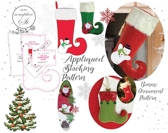 May include: A pattern for making appliqued Christmas stockings. The pattern includes instructions for making a large stocking, a small stocking, and a Christmas ornament. The pattern is printed on white paper with black text and illustrations.