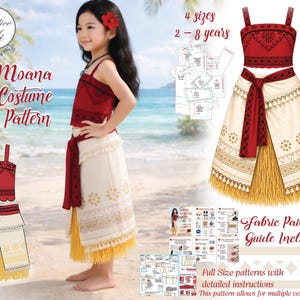 May include: A children's Moana costume pattern for ages 2-8 years. The pattern features a red top, a white skirt with a gold pattern, and a yellow fringe. The image also shows a girl wearing the costume and a fabric painting guide.
