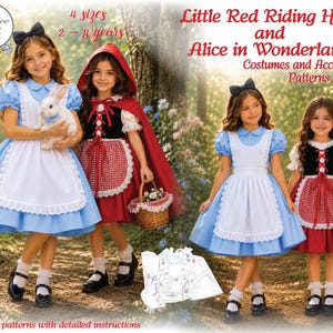 May include: Sewing patterns for Little Red Riding Hood and Alice in Wonderland costumes and accessories, featuring 4 sizes for ages 2-8 years. Includes full-size patterns with detailed instructions for these classic storybook character outfits.