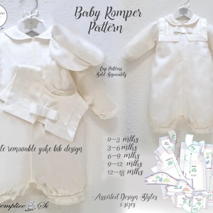 May include: White baby romper sewing pattern with a removable yoke bib design. The pattern includes five sizes: 0-3 months, 3-6 months, 6-9 months, 9-12 months, and 12-18 months. The pattern also includes a separate cap pattern.