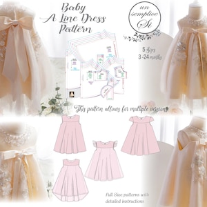 May include: A baby A-line dress pattern with illustrations of dress designs and pattern pieces. The image features a cream-colored dress with a large bow and floral embellishments. Text includes "Baby A Line Dress Pattern".