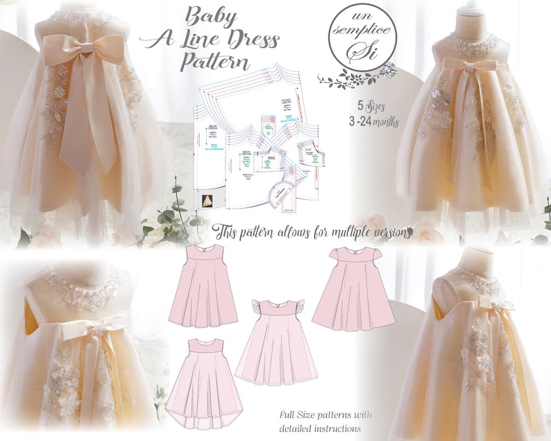 May include: A baby A-line dress pattern with illustrations of dress designs and pattern pieces. The image features a cream-colored dress with a large bow and floral embellishments. Text includes "Baby A Line Dress Pattern".