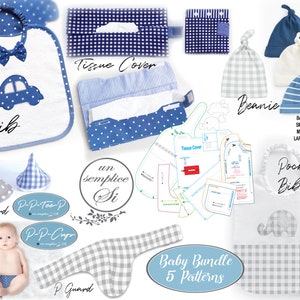 Baby Bundle - Layette Patterns, Digital Sewing Pattern, Bib, Beanie, Pee Guards, Tissue Cover  - Sizes 0 - 24mo- Baby Pattern PDF Download