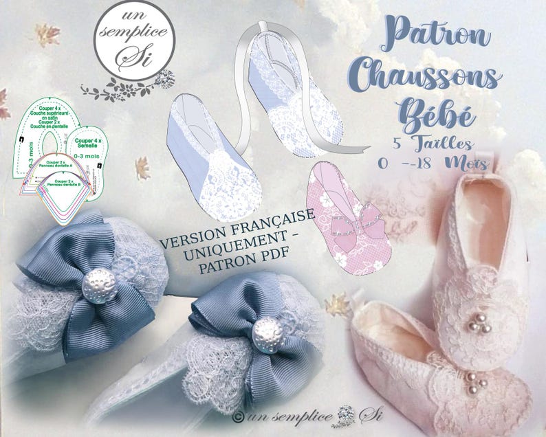 May include: An image featuring baby shoe patterns and finished products. The designs include blue and pink lace-trimmed booties with bows, and matching headbands. Text in the image reads "Patron Chaussons B&eacute;b&eacute;" and "5 Tailles 0-18 Mois."