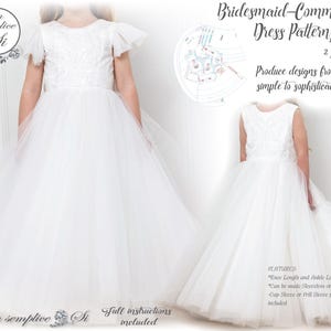 Op de afbeelding: Een wit tule bruidsmeisje of communiejurkpatroon voor meisjes. Het patroon omvat vier maten, van 2 tot 8 jaar oud. Het patroon heeft opties voor knielengte en enkelengte, evenals mouwloze, capmouw en volledige mouw stijlen. Het patroon is ontworpen om eenvoudige tot geavanceerde looks te creëren.