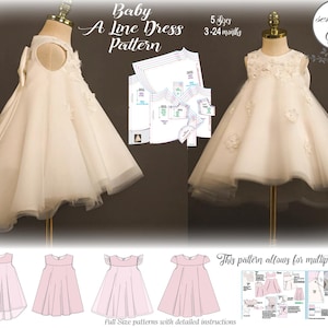 May include: A baby A-line dress pattern with multiple versions. The image shows two white dresses on mannequins, with floral embellishments and tulle skirts. The pattern includes sizes for babies aged 3-24 months. Additional dress design variations are also shown.