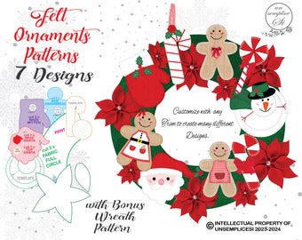 Felt Wreath Patterns , Wreath and Ornaments Pattern, Felt Ornament PATTERN, Christmas Ornaments Sewing Pattern