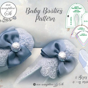 May include: Baby booties pattern with a light blue bow and a pearl-like embellishment. The booties have white lace trim. The pattern includes sizes for 0-18 months. The text "Baby Booties Pattern" is displayed.
