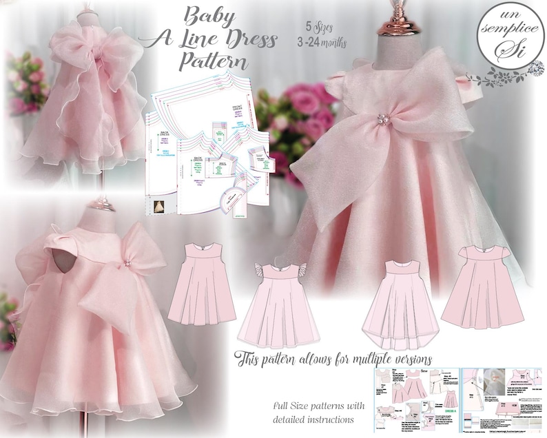 May include: A baby A-line dress pattern in pink, with a large bow and a sparkling embellishment. The image shows the dress on a mannequin, along with pattern pieces and illustrations. Text on the image reads "Baby A Line Dress Pattern" and "5 sizes 3-24 months".