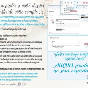 May include: A guide in French on how to access digital files purchased on Etsy. The image shows screenshots of the Etsy website, with instructions on downloading files after purchase. Text includes steps and a note that no physical product will be shipped.