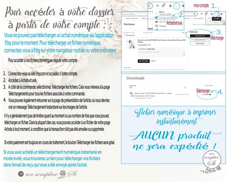 May include: A guide in French on how to access digital files purchased on Etsy. The image shows screenshots of the Etsy website, with instructions on downloading files after purchase. Text includes steps and a note that no physical product will be shipped.