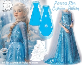 Patrón de costura para vestido de princesa inspirado en Elsa: Descarga del patrón en PDF (Tallas 2-8)