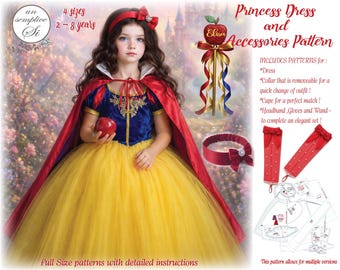 May include: A young girl in a Snow White princess dress, holding a red apple. The dress features a yellow skirt, blue bodice, and red cape. Accessories include a headband, gloves, and a wand. The image includes text that says "Princess Dress and Accessories Pattern".