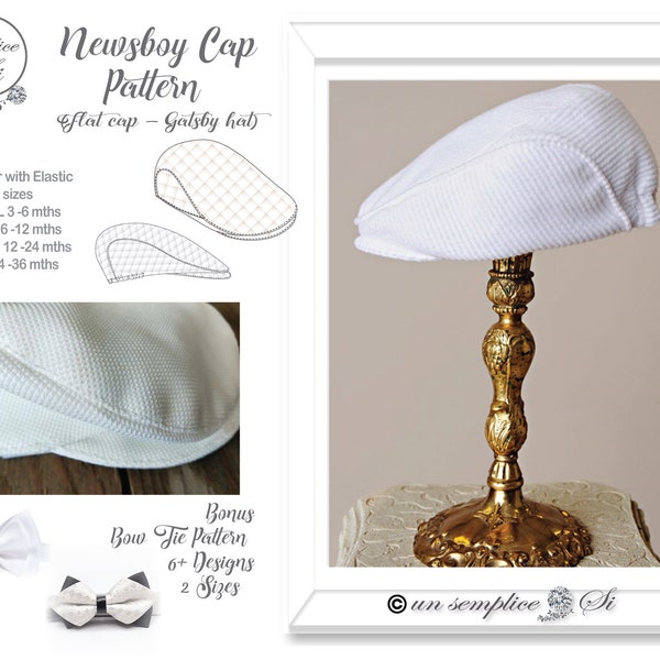 Baby Newsboy Cap Pattern, Flat Cap Pattern, Baptism  Boys Hat and Bow Tie Pattern, Baby Cap Pattern, Gatsby Cap ,Baby Hat PDF Sewing Pattern