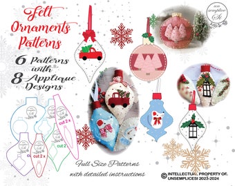 May include: A set of six felt ornament patterns with eight applique designs. The patterns include a Christmas tree, a truck, a house, a mouse, and a lantern. The patterns are full size and include detailed instructions. The text on the image reads "Felt Ornaments Patterns 6 Patterns with 8 Applique Designs Full Size Patterns with detailed instructions"