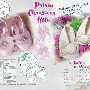 May include: Image of baby booties in pink and white, with lace and ribbon details. The image includes a pattern for the booties, with text in French. The booties are designed for babies aged 0-18 months.