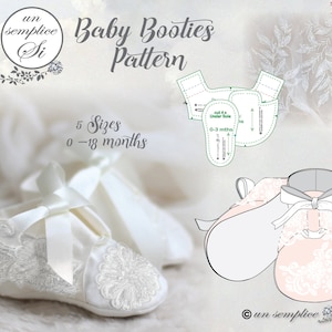 May include: A pattern for making baby booties in five sizes, from 0 to 18 months. The pattern includes instructions for cutting out the sole and upper parts of the booties. The image also shows a pair of white booties with lace detailing and a satin ribbon.