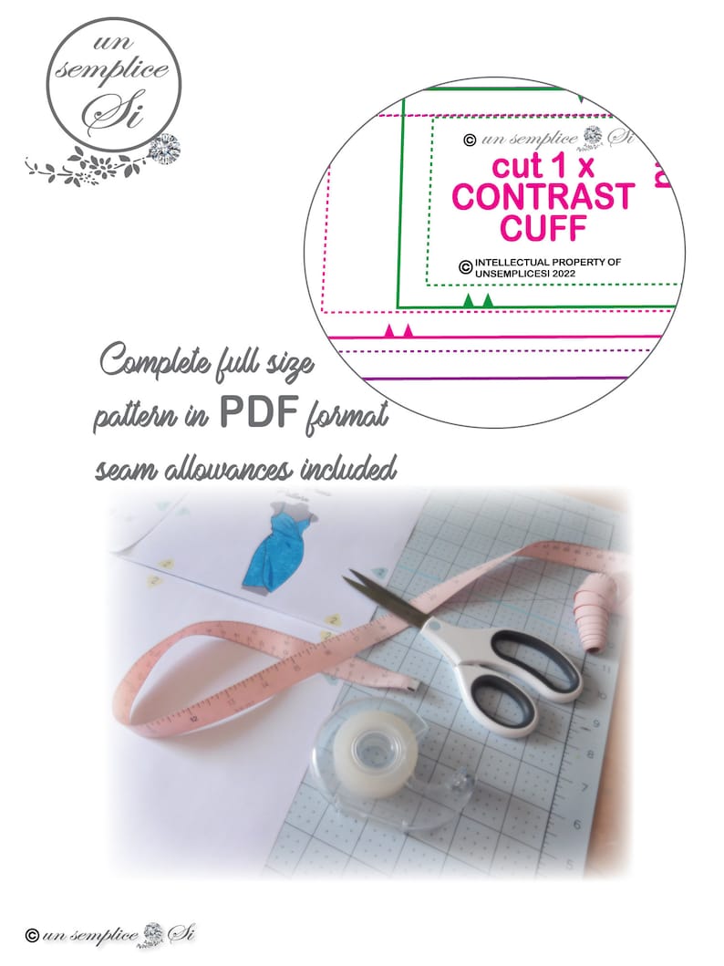 May include: Image of a sewing pattern with the text "cut 1 x CONTRAST CUFF". Includes a measuring tape, scissors, and tape dispenser. The text "Complete full size pattern in PDF format seam allowances included" is also visible.