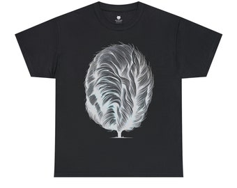 Può includere: T-shirt nero con una grafica bianca di un albero stilizzato con un design a spirale e texture.