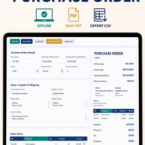 Könnte beinhalten: Eine digitale Benutzeroberfläche für ein Bestellsystem auf einem Tablet-Bildschirm. Das Layout enthält Felder für Bestelldetails, Käufer- und Lieferanteninformationen sowie eine Artikeltabelle. Der Text umfasst PURCHASE ORDER, OFFLINE, SAVE PDF und EXPORT CSV.