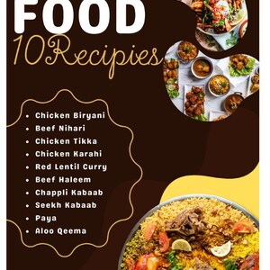 Peut inclure: Une affiche colorée avec un fond brun et des accents jaunes. L'affiche présente une grande image d'un plat de nourriture pakistanaise avec du riz, du poulet et des légumes. Le texte "Pakistani FOOD 10 Recipies" est écrit en lettres blanches et dorées en haut de l'affiche. Sous l'image, une liste de 10 plats pakistanais est écrite en texte blanc.