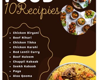 May include: A colorful poster with a brown background and yellow accents. The poster features a large image of a Pakistani food platter with rice, chicken, and vegetables. The text "Pakistani FOOD 10 Recipies" is written in white and gold letters at the top of the poster. Below the image, a list of 10 Pakistani dishes is written in white text.