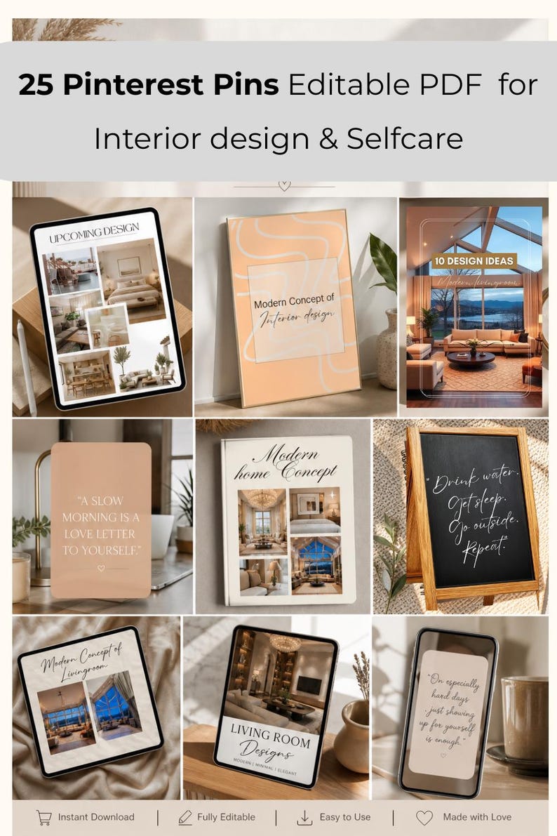 25 Editable Pinterest Pins, Interior Design, Selfcare Templates (PDF ...