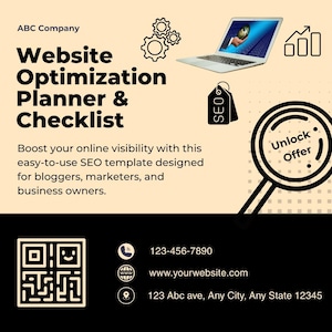May include: A promotional graphic for website optimization. The text reads "Website Optimization Planner & Checklist" with supporting text. Includes a laptop, magnifying glass, and SEO tag icon. A QR code and contact information are also present.
